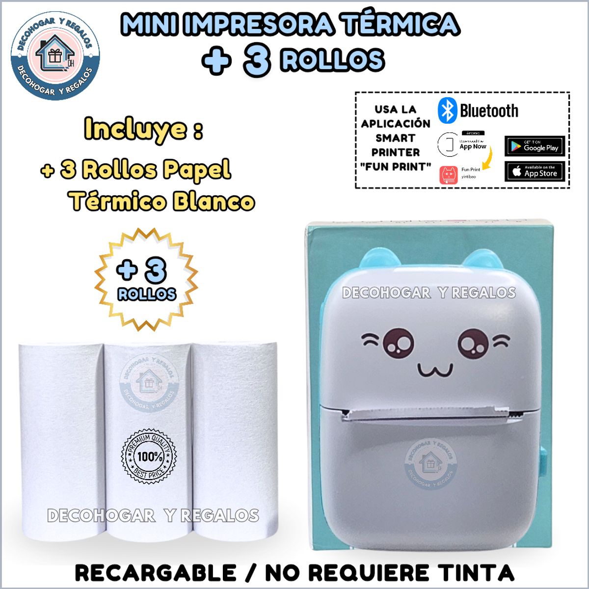 GENERICO - Mini Impresora Térmica Portátil Bluetooth + 3 Rollos Papel Térmico Blanco