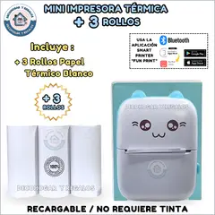GENERICO - Mini Impresora Térmica Portátil Bluetooth + 3 Rollos Papel Térmico Blanco