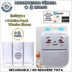 GENERICO - Mini Impresora Térmica Portátil Bluetooth + 3 Rollos Papel Térmico Blanco