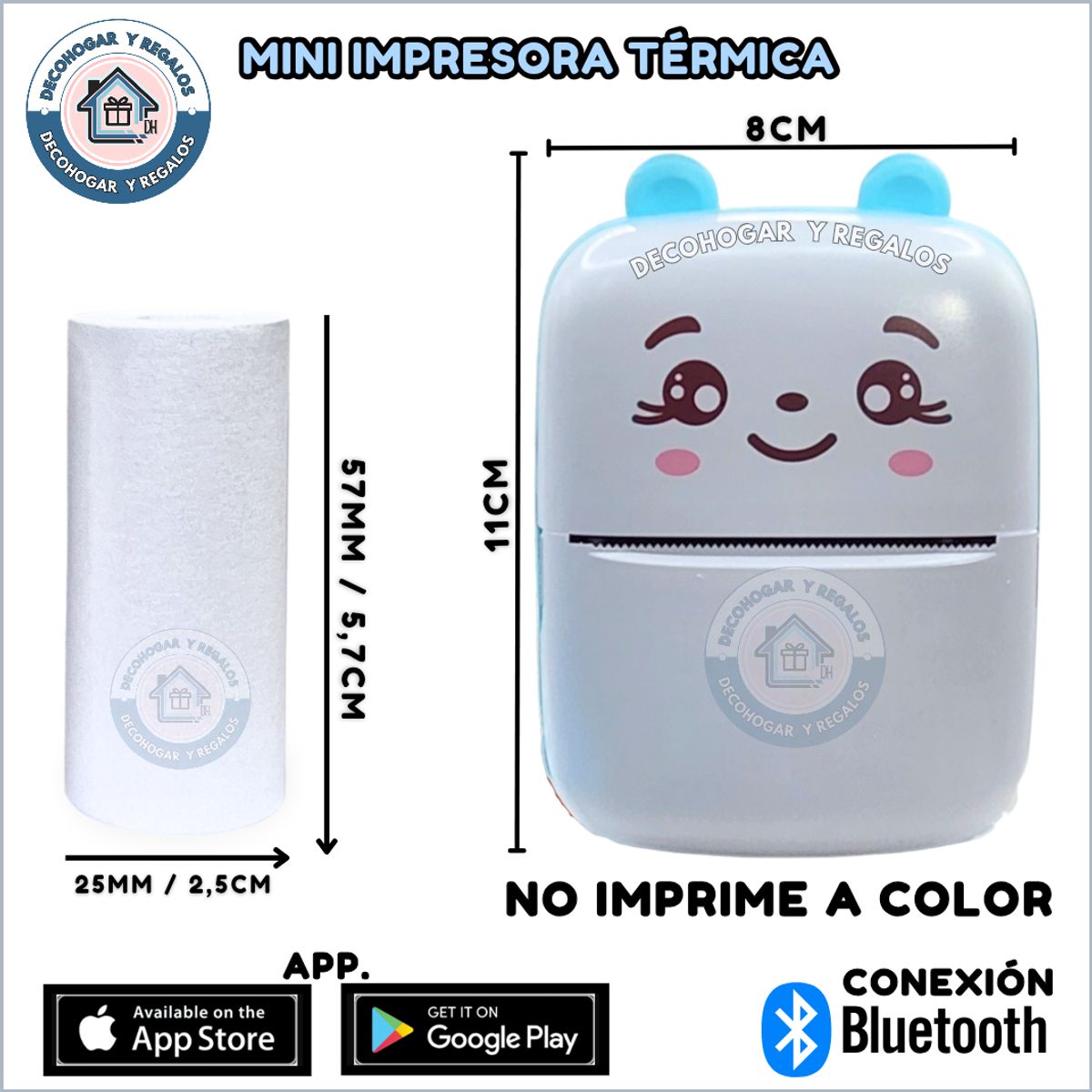 GENERICO - Mini Impresora Térmica Portátil Bluetooth + 3 Rollos Papel Térmico Blanco