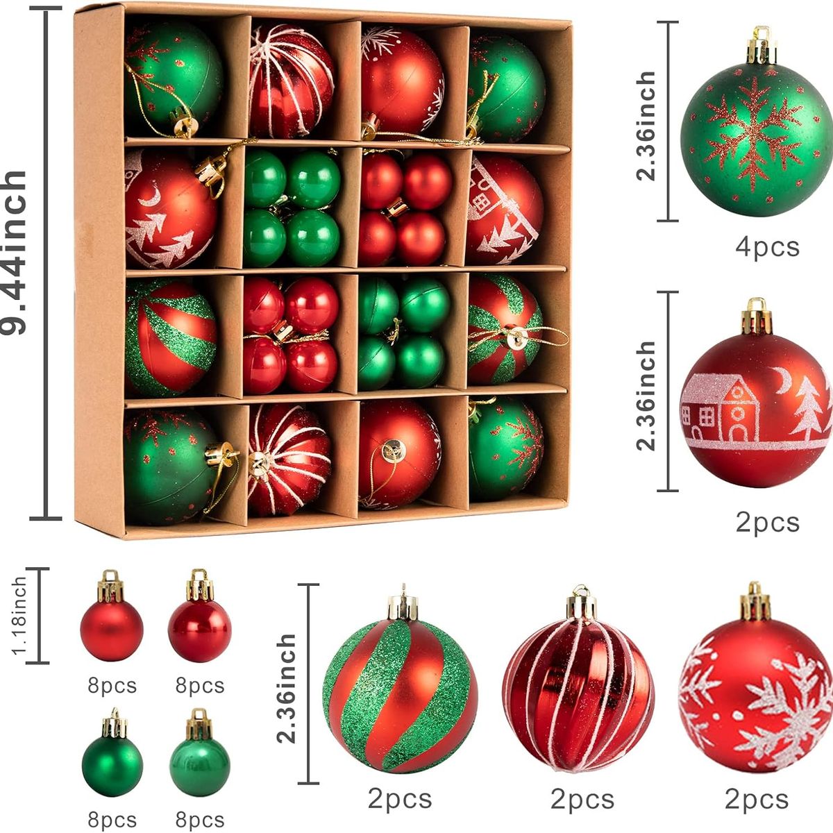 ANENG - Juego 44 Bolas Adornos Colgantes Para Árbol De Navidad Rojo+Verde