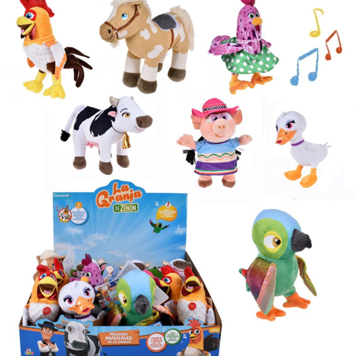 LA GRANJA DE ZENON - Set 7 Peluches La Granja De Zenon Musicales Bartolito Gallina Bataraza Caballo Percheron
