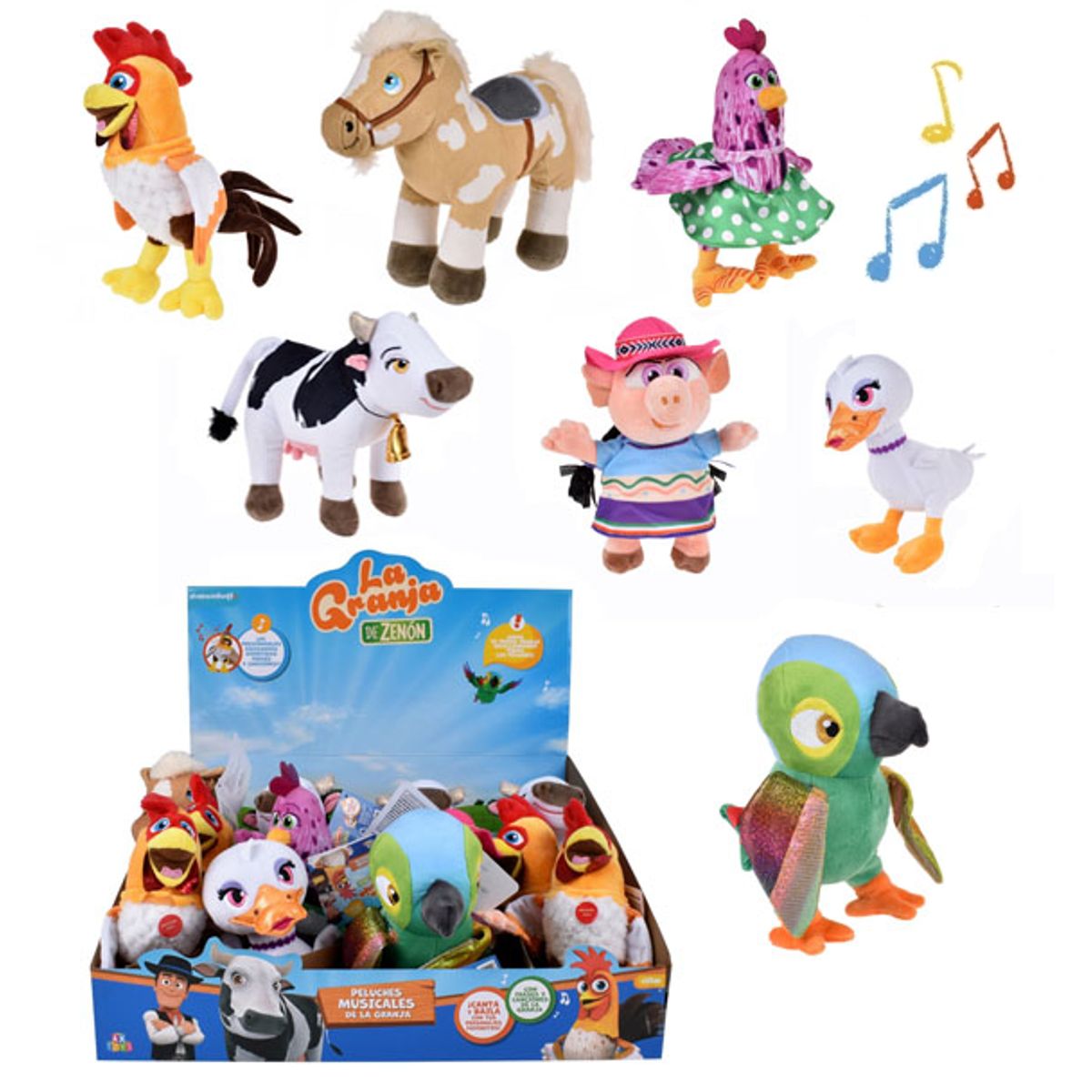 LA GRANJA DE ZENON - Set 7 Peluches La Granja De Zenon Musicales Bartolito Gallina Bataraza Caballo Percheron