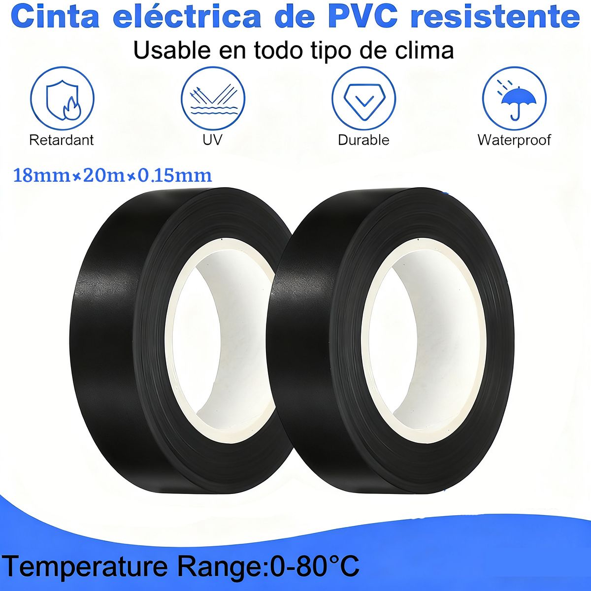 GENERICO - 5 Rollos Cinta Eléctrica Multiusos Color Negro 18 Mm X 20 M