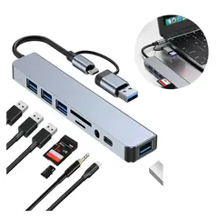 GENERICO - Hub 8 En 2 Adaptador USB-C En SD, TF, Jack, USB 2.0/3.0