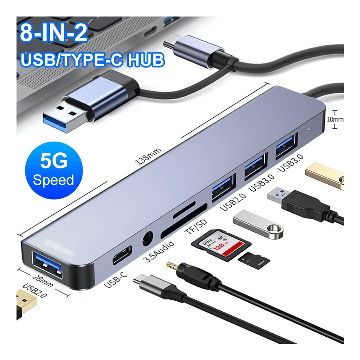 GENERICO - Hub 8 En 2 Adaptador USB-C En SD, TF, Jack, USB 2.0/3.0