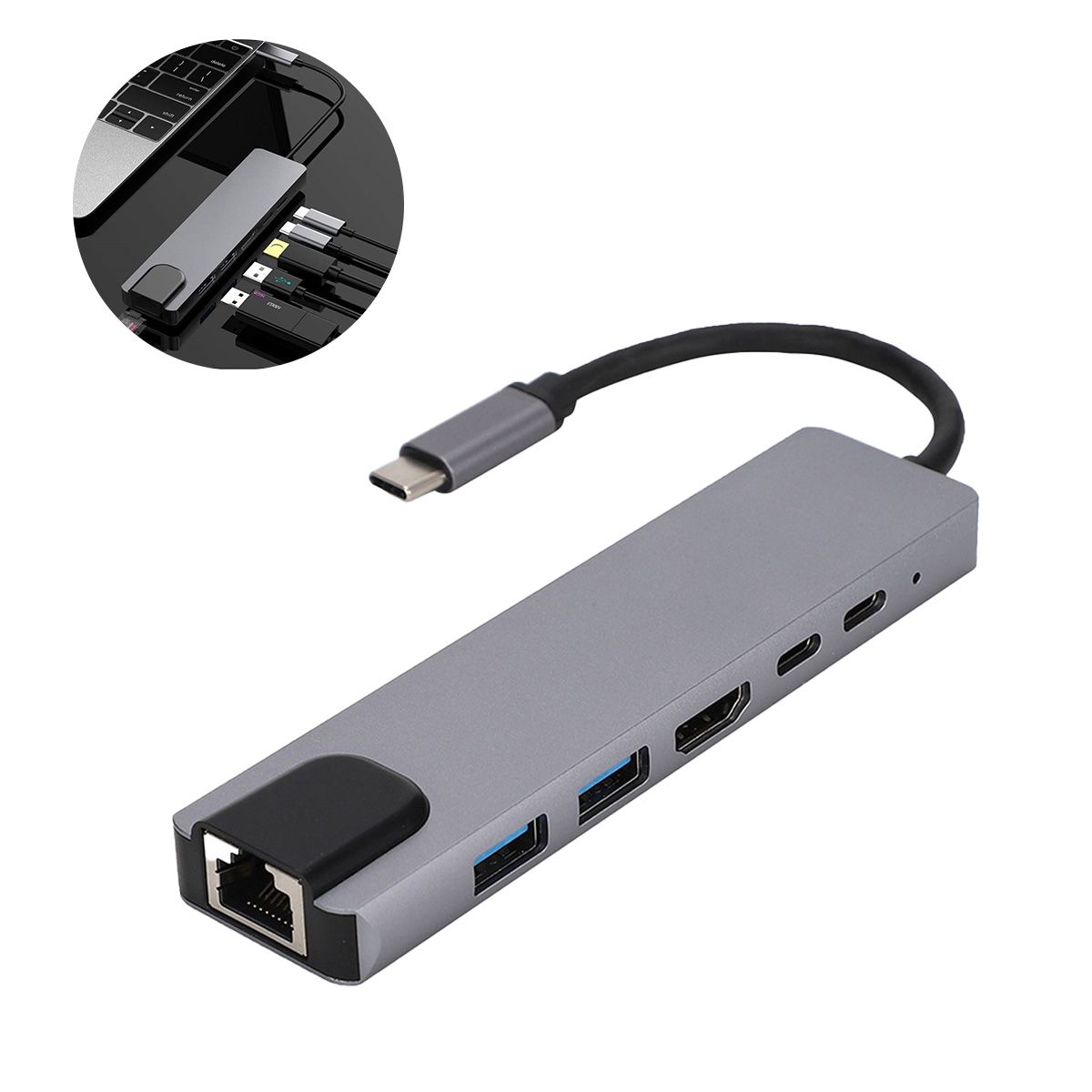 GENERICO - Adaptador 6 En 1 USB-C Con HDMI 4K, RJ45 100Mbps Para Mac Notebook Switch