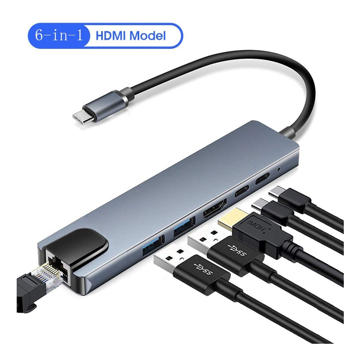 GENERICO - Adaptador 6 En 1 USB-C Con HDMI 4K, RJ45 100Mbps Para Mac Notebook Switch