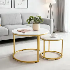 ELEMENT DESIGN - Juego de 2 Mesas de Centro Lateral Redonda Kien Dia 40+60 cm Blanco/Dorado