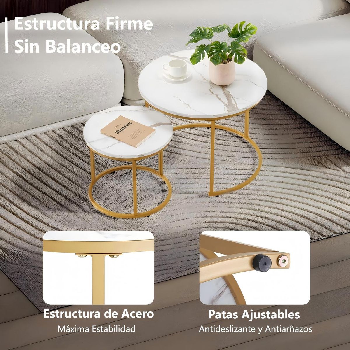 ELEMENT DESIGN - Juego de 2 Mesas de Centro Lateral Redonda Kien Dia 40+60 cm Blanco/Dorado