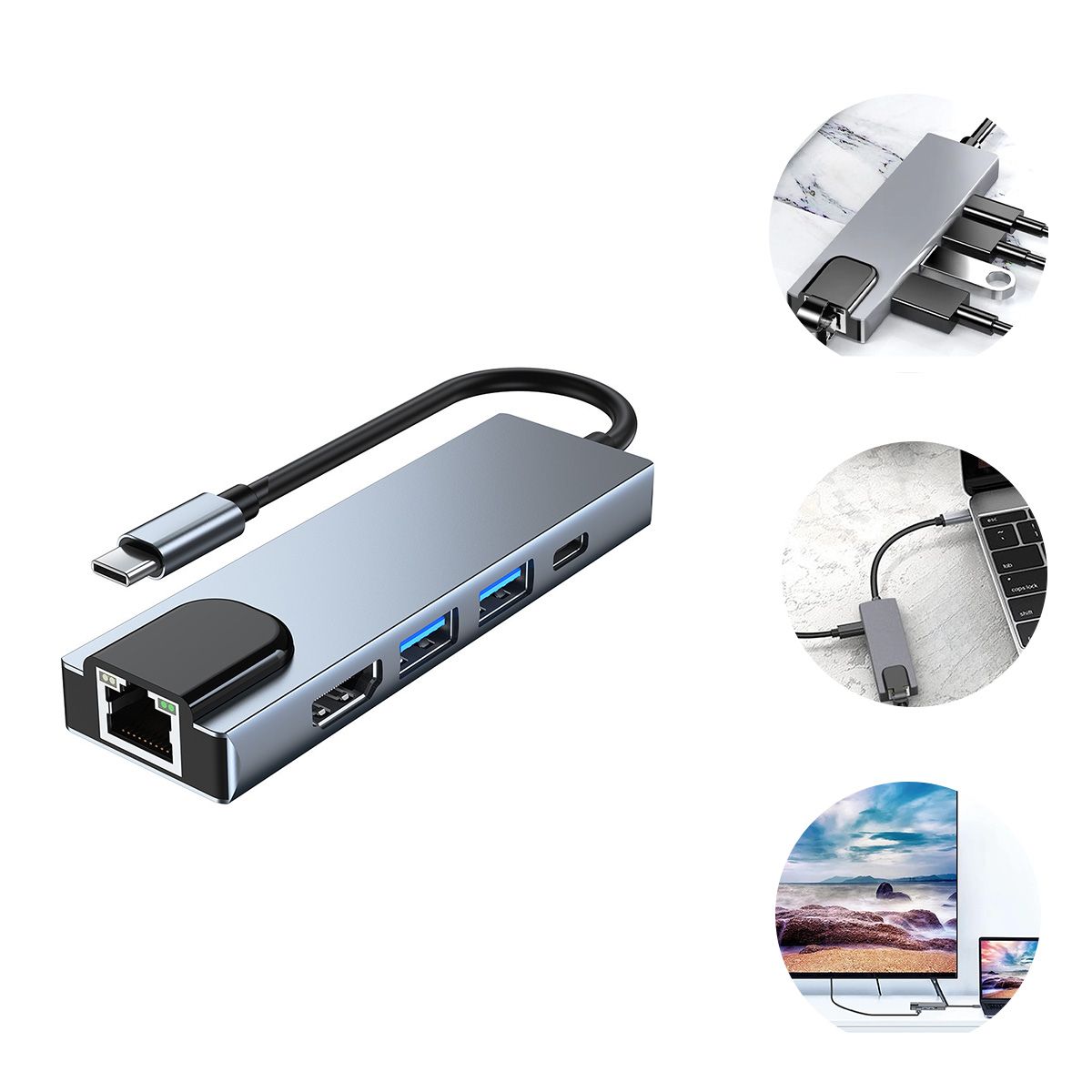 GENERICO - Hub 5 En 1 USB-C Adaptador Con RJ45, HDMI 4K y USB 3.0 1000Mbps