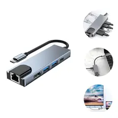 GENERICO - Hub 5 En 1 USB-C Adaptador Con RJ45, HDMI 4K y USB 3.0 1000Mbps