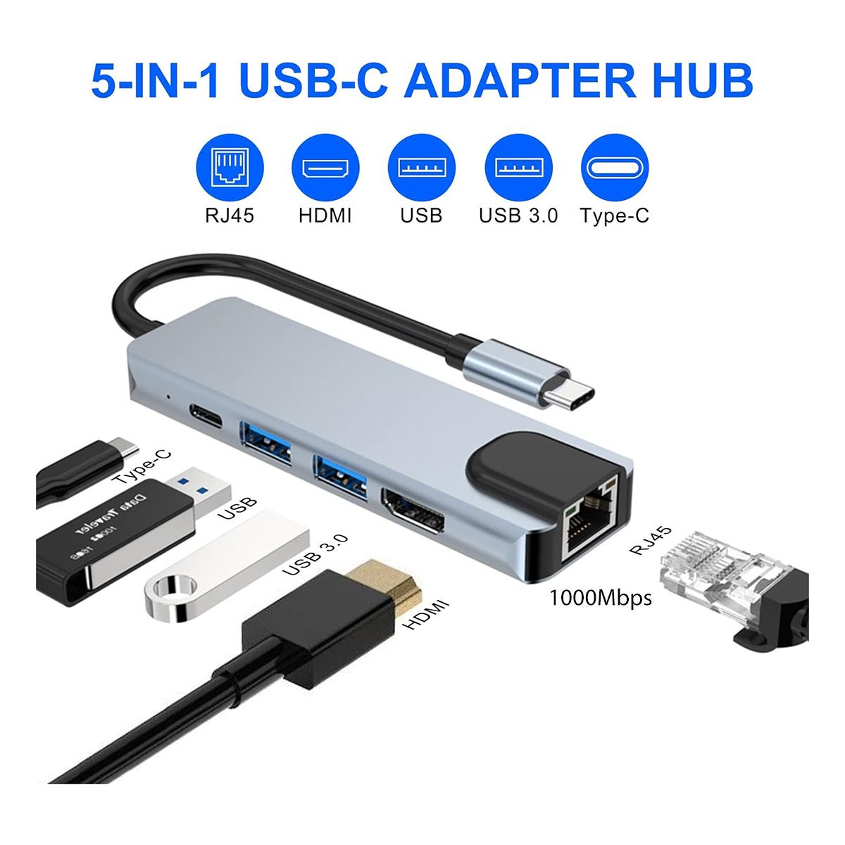 GENERICO - Hub 5 En 1 USB-C Adaptador Con RJ45, HDMI 4K y USB 3.0 1000Mbps