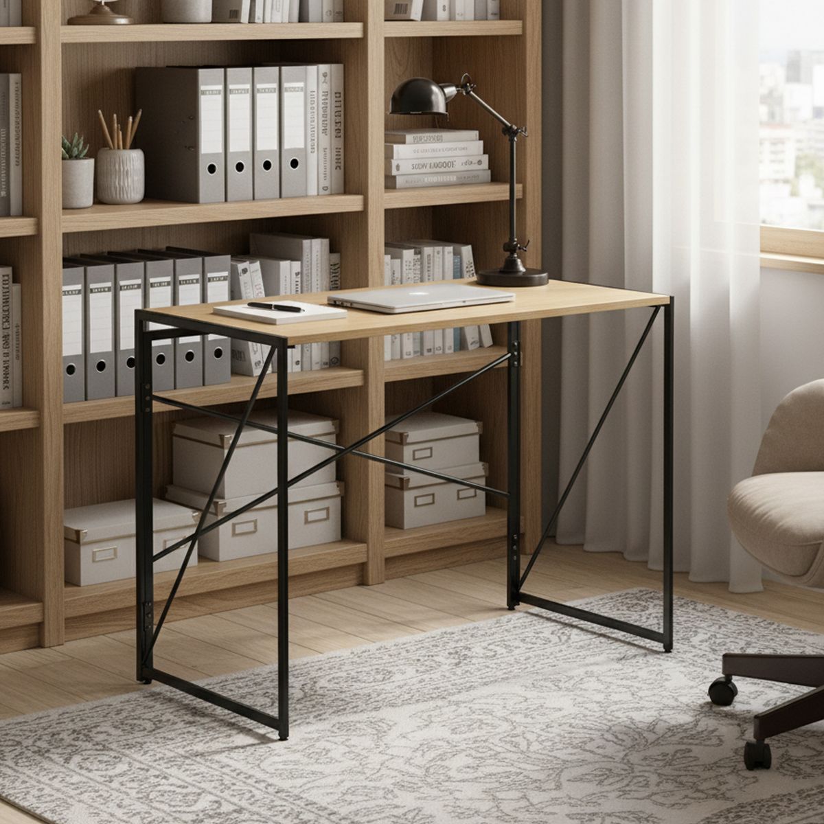 Mesa Escritorio Plegable de Metal y Roble Claro 100x50x75 cm, marca JOYTEK - Foto 2