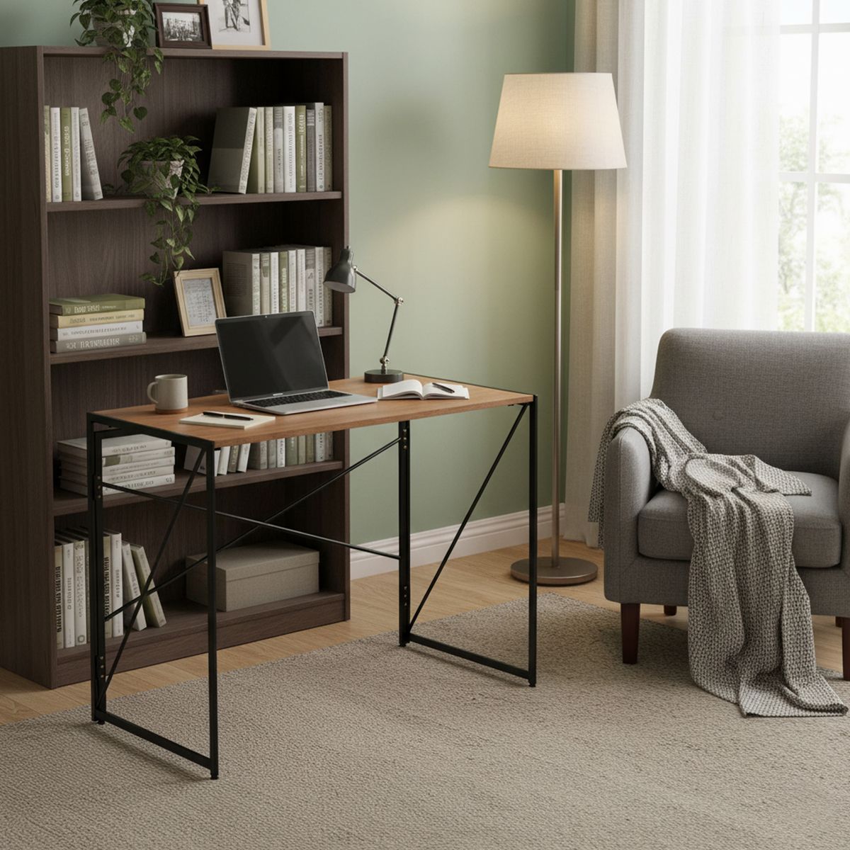 JOYTEK - Mesa Escritorio Plegable de Metal y Madera Roble Oscuro 100x50x75 cm