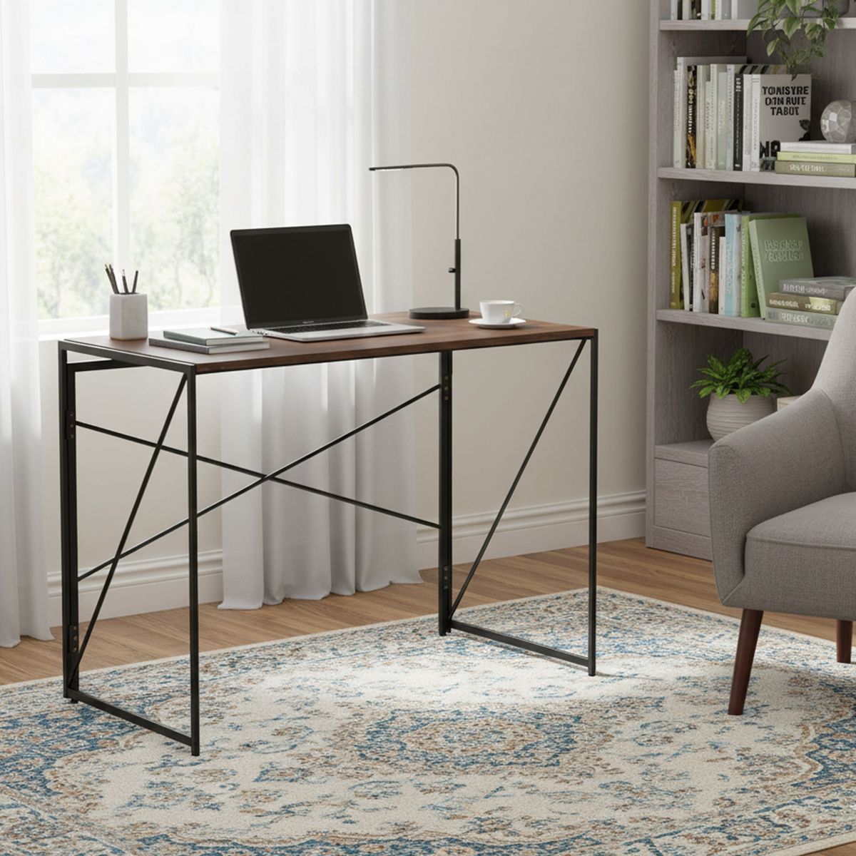 JOYTEK - Mesa Escritorio Plegable de Metal y Madera Nogal 100x50x75 cm