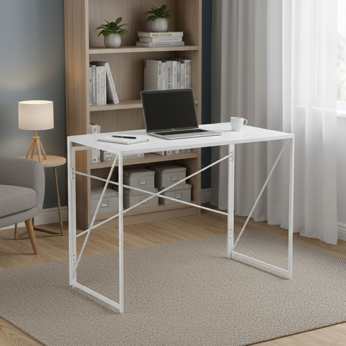 Mesa Escritorio Plegable de Metal y Madera Blanco 100x50x75 cm, marca JOYTEK - Foto Principal