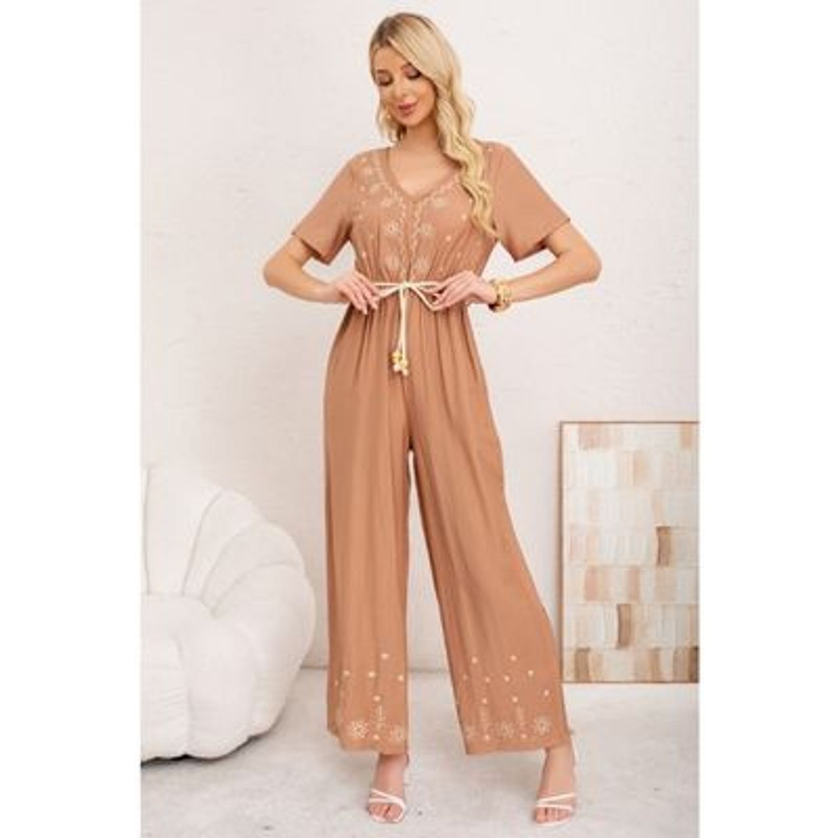 LIKE SHOP - Enterito Mujer Casual Pierna Ancha Bordado Cuello V 3350