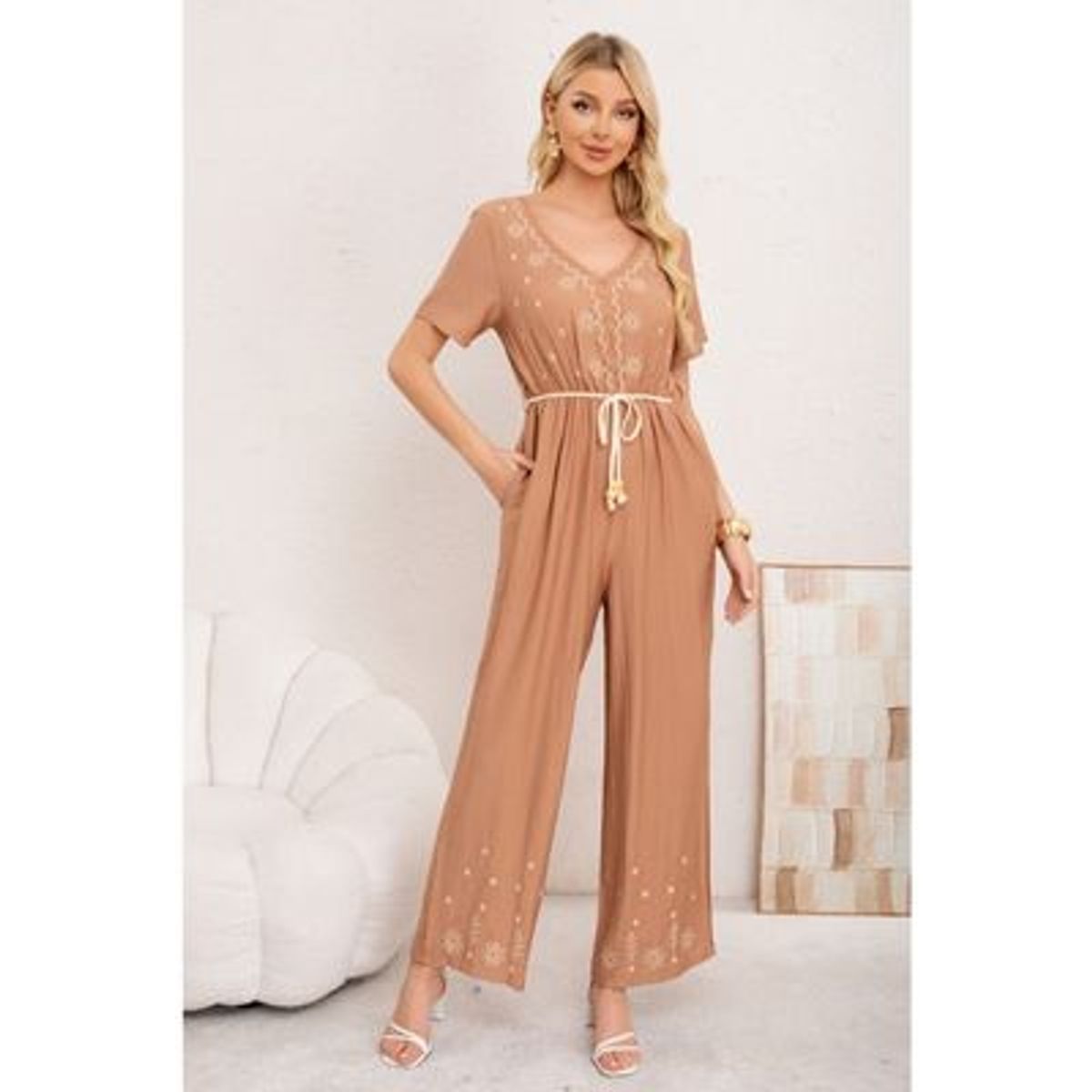 LIKE SHOP - Enterito Mujer Casual Pierna Ancha Bordado Cuello V 3350