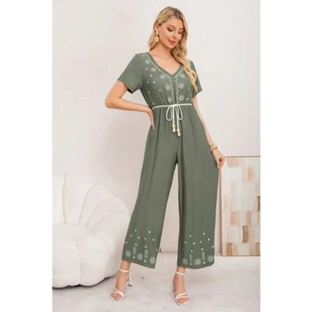 LIKE SHOP - Enterito Mujer Casual Pierna Ancha Bordado Cuello V 3350