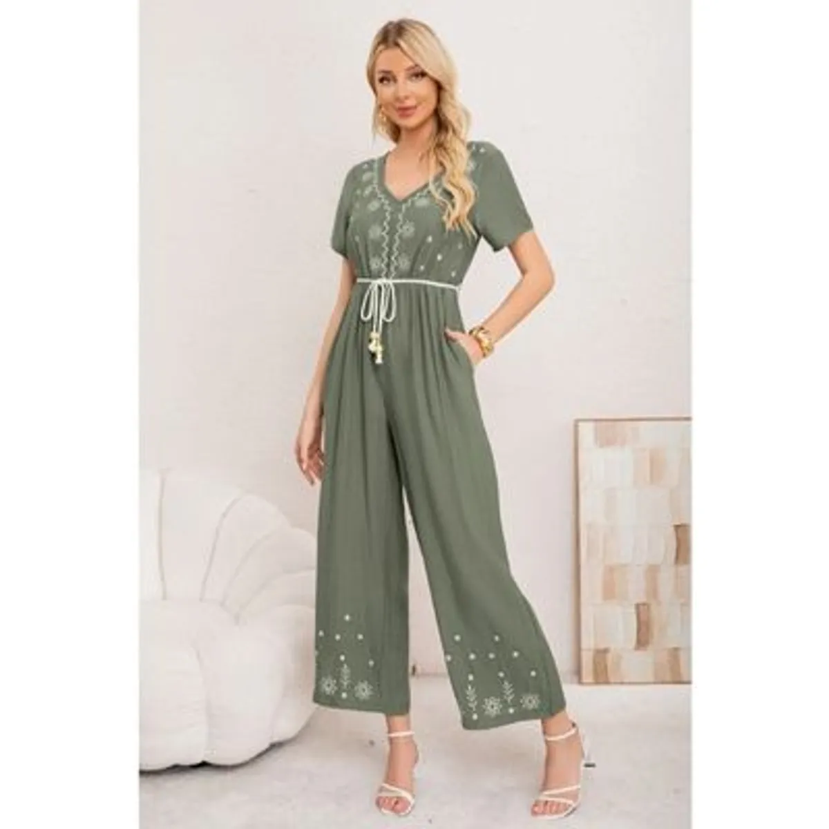 LIKE SHOP - Enterito Mujer Casual Pierna Ancha Bordado Cuello V 3350