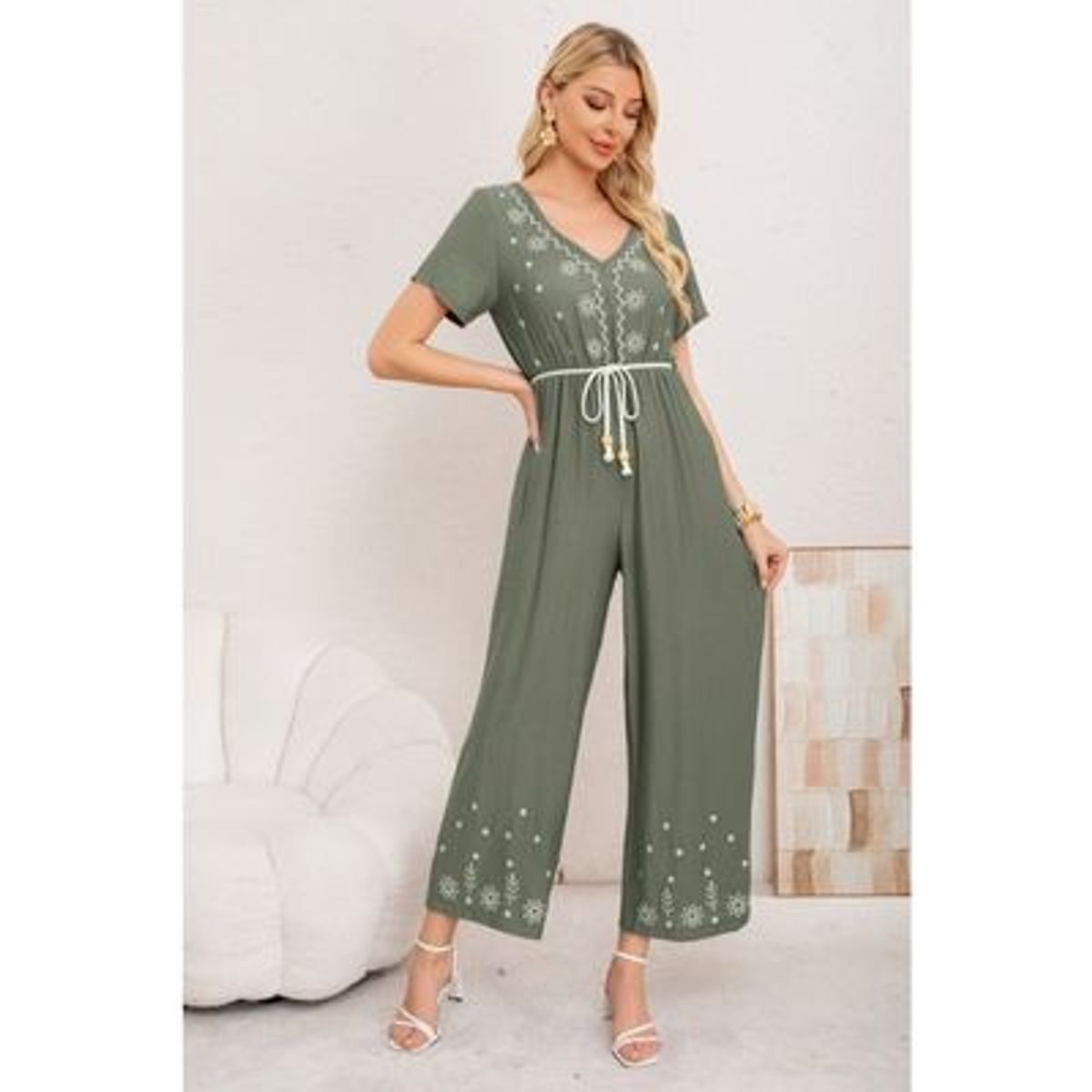 LIKE SHOP - Enterito Mujer Casual Pierna Ancha Bordado Cuello V 3350