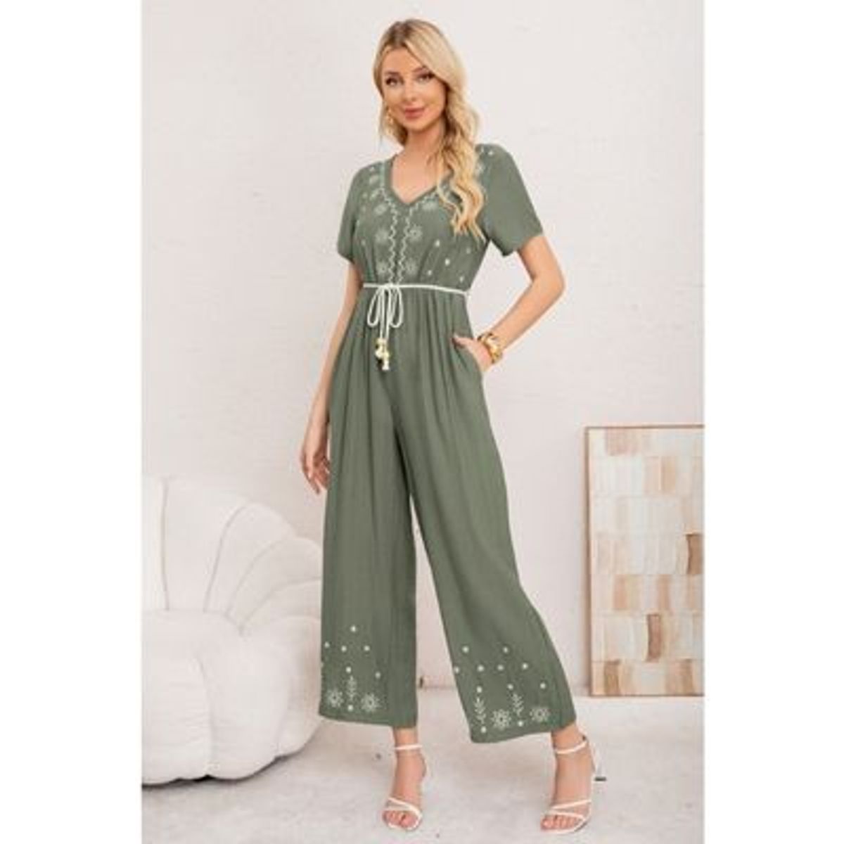 LIKE SHOP - Enterito Mujer Casual Pierna Ancha Bordado Cuello V 3350