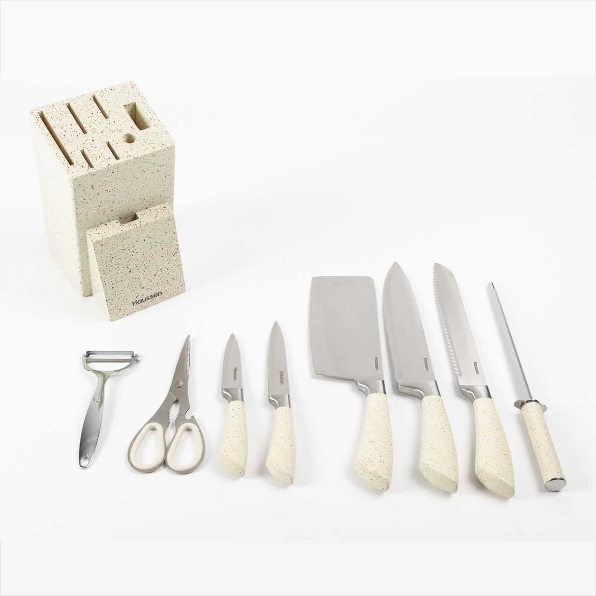 HAUSSEN - Taco Cuchillos Acero Con Tijera y Pelador Infini Set 8 Pcs - Blanco