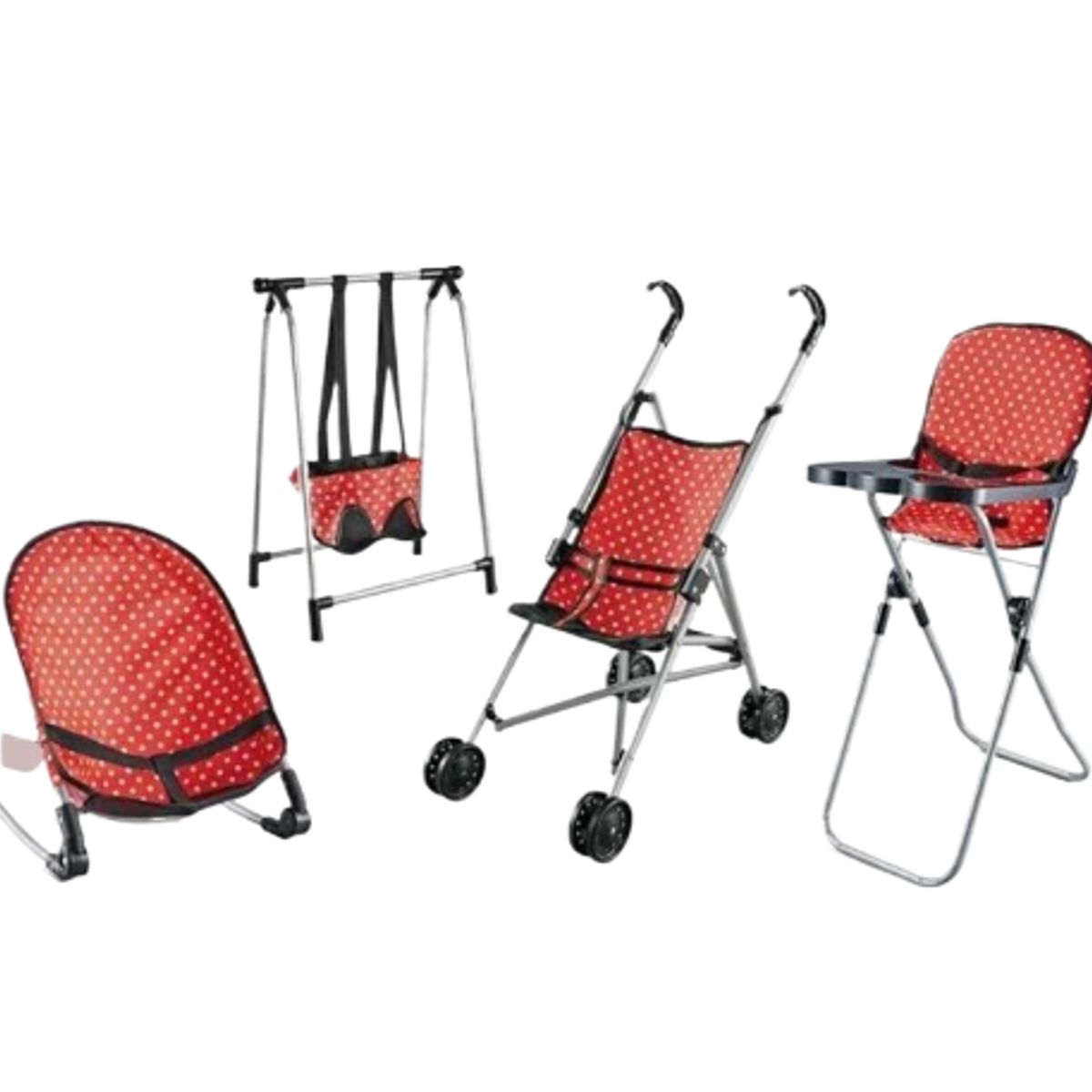 GENERICO - SET PARA MUÑECAS COCHE MECEDOR COLUMPIO Y SILLA, ROJO 4 EN 1