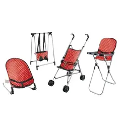 GENERICO - SET PARA MUÑECAS COCHE MECEDOR COLUMPIO Y SILLA, ROJO 4 EN 1