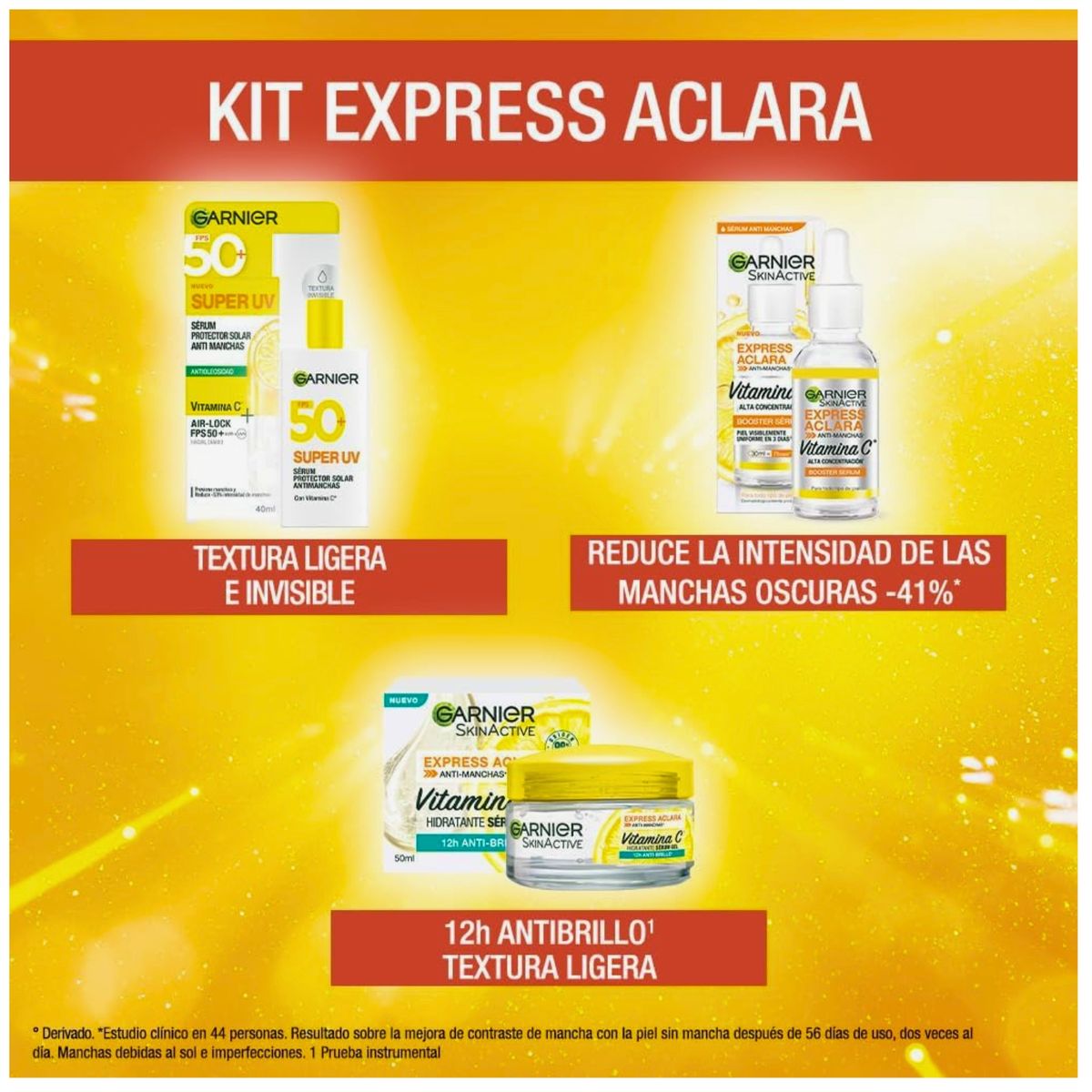 GARNIER - Rutina Antimanchas con Vitamina C Serum + Crema Gel + Protector Solar Super UV 50+
