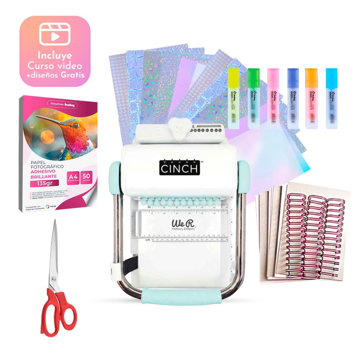 CINCH - Kit Encuadernadora Cinch Menta + Papel Adhesivo + Planner A5