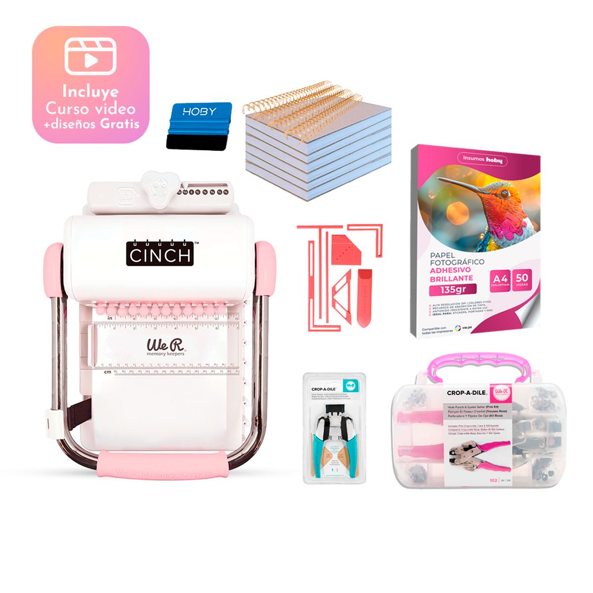 CINCH - Kit Encuadernadora Cinch Rosa + Planners A5 + Corner Chomper + Crop a Dile
