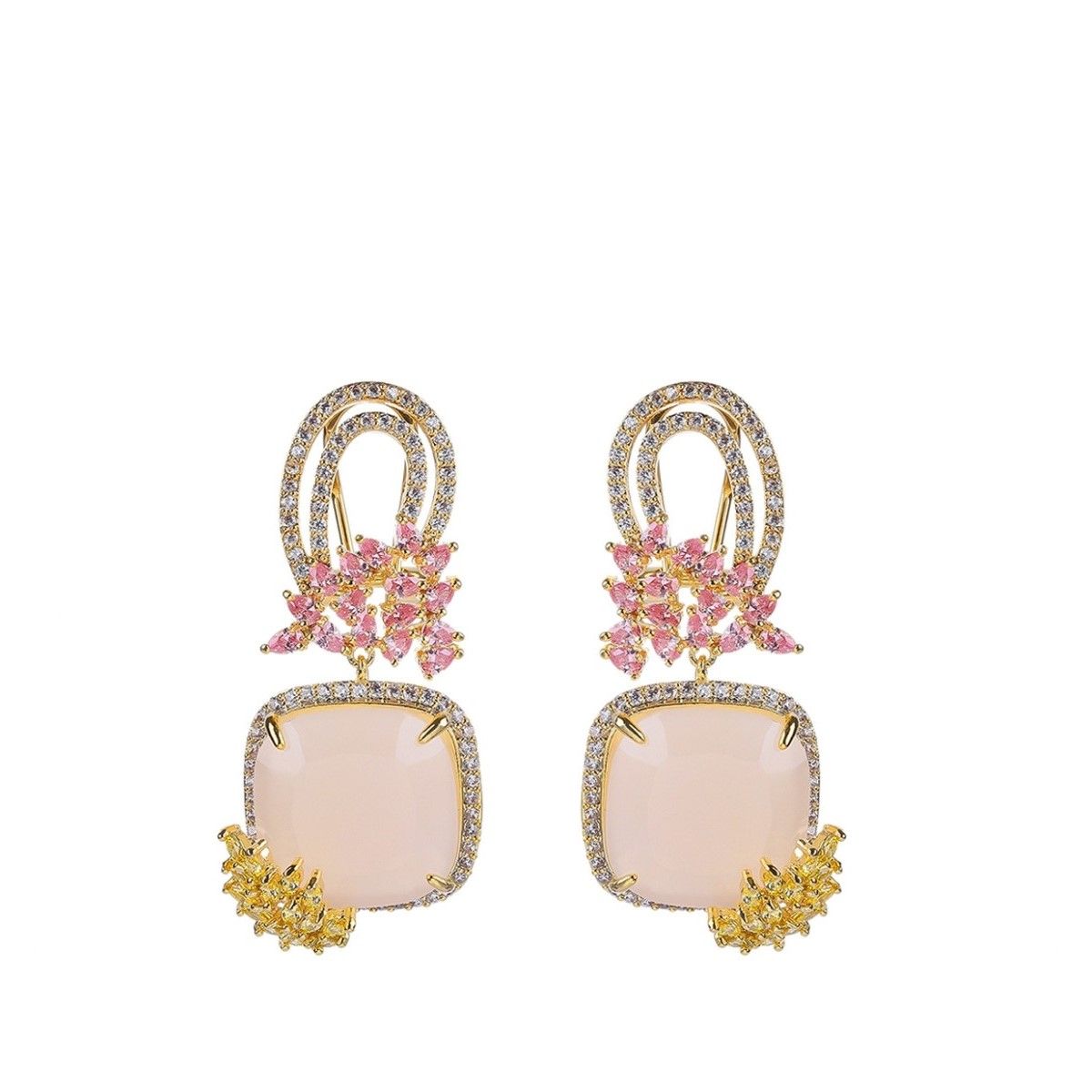 VANE COLLECTION - Aros mujer colgante fino broche omega baño de oro y circón rosado malva