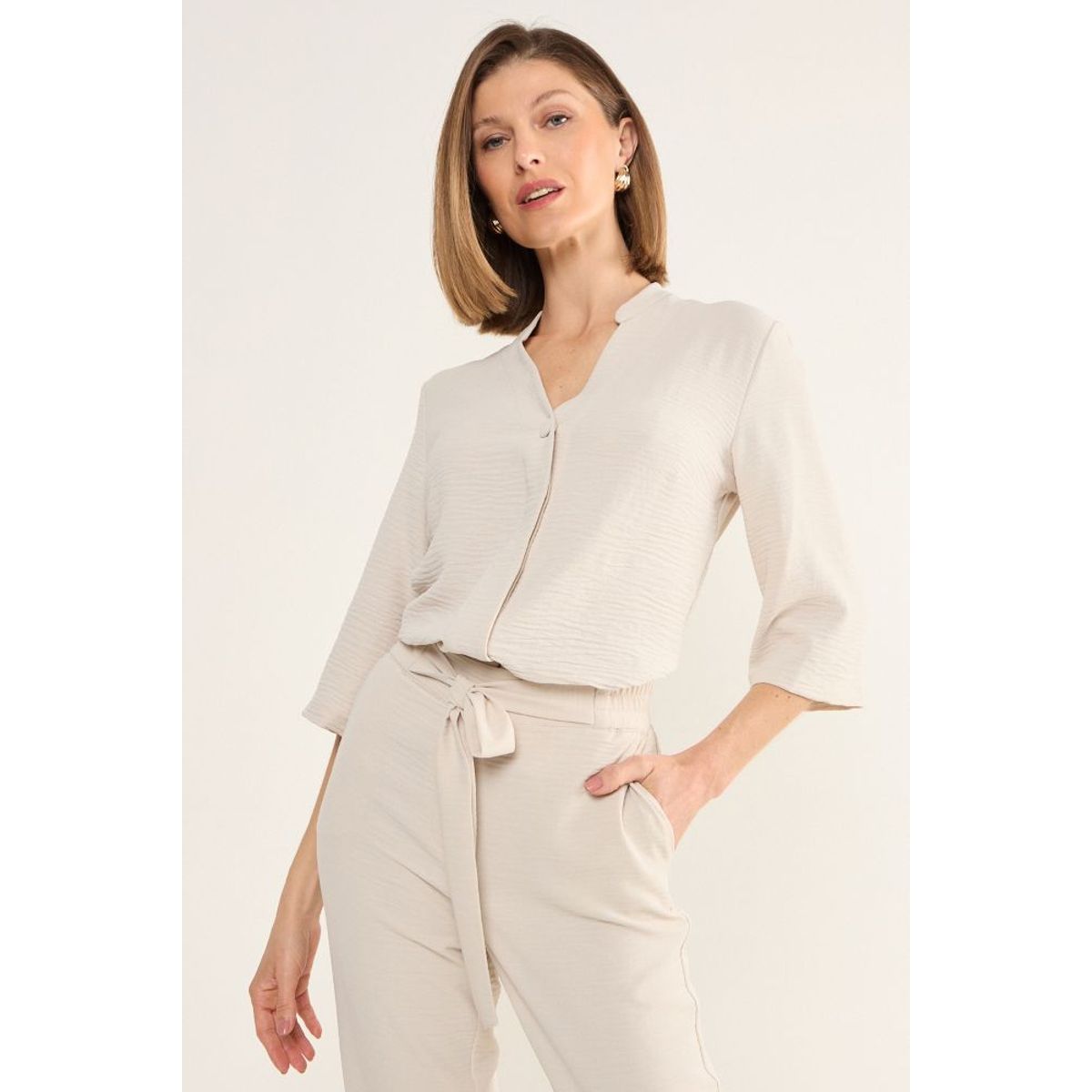 MA GRIFFE - Blusa Cuello Mao Mujer Beige Magriffe