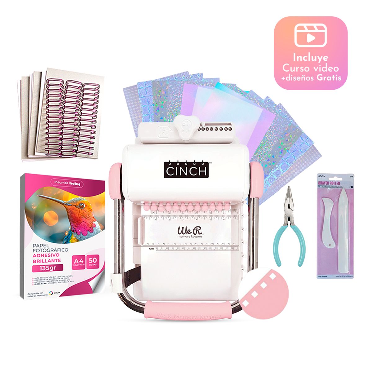 CINCH - Kit Encuadernadora Cinch rosada + Alicate + Huesos Plegadores