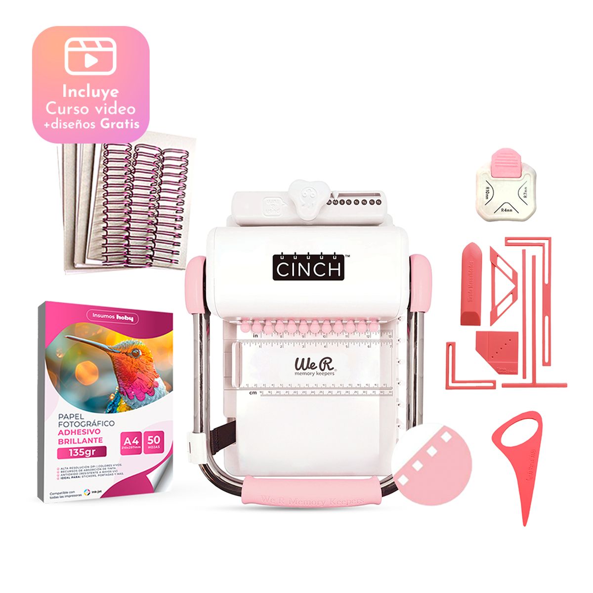CINCH - Kit Encuadernadora Cinch Rosa + Papel Adhesivo + Planners