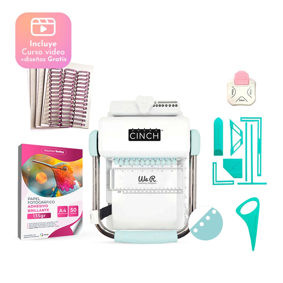 CINCH - Kit Encuadernadora Cinch Turquesa + Papel Adhesivo + Planners