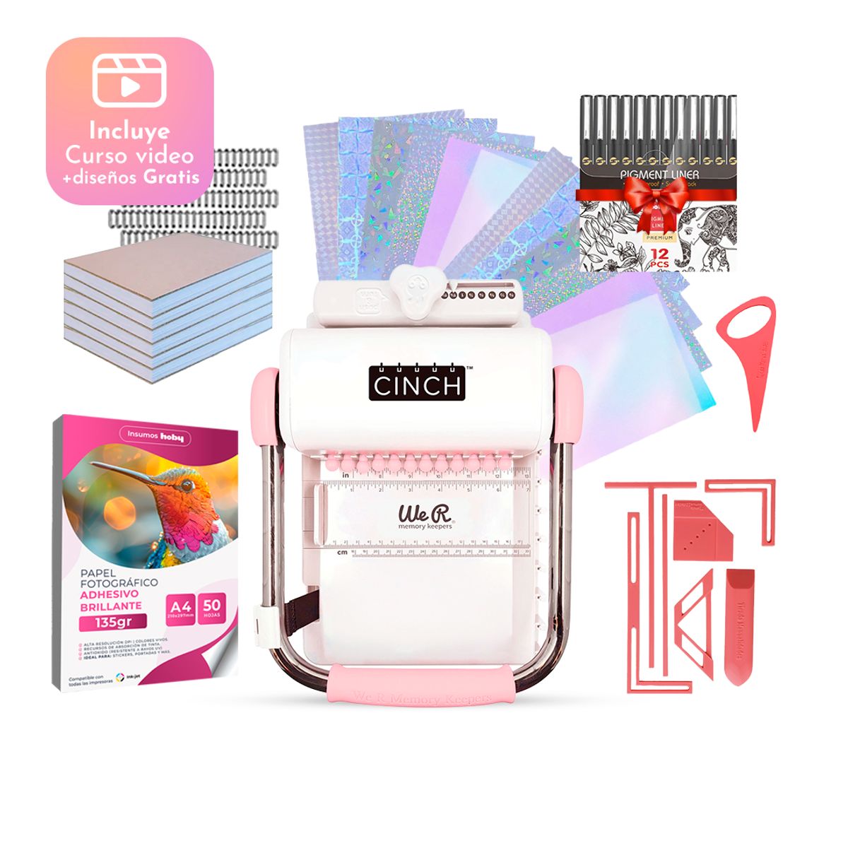 CINCH - Kit De Encuadernadora Cinch rosada + Reglas E Insumos Vip