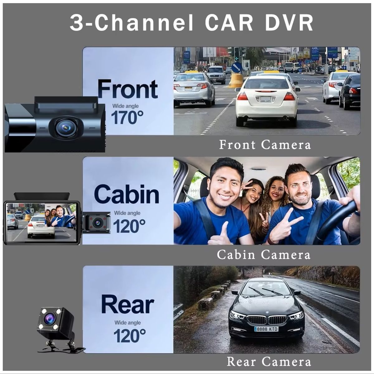 STARTECHOFFICE - Cámara Vehicular 3 Lentes Full HD 1080P con WiFi, Pantalla de 3”, Visión Nocturna Gran Angular 170°