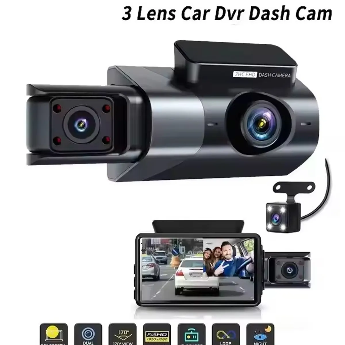 GENERICO - Dash Cam 3 Lentes Full HD 1080P WiFi Visión Nocturna, Sensor G y Grabación Frontal–Interior–Trasera
