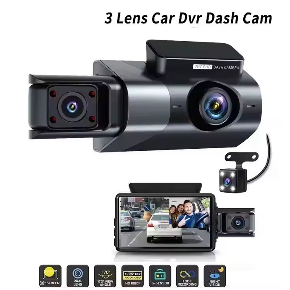 GENERICO - Dash Cam 3 Lentes Full HD 1080P WiFi Visión Nocturna, Sensor G y Grabación Frontal–Interior–Trasera