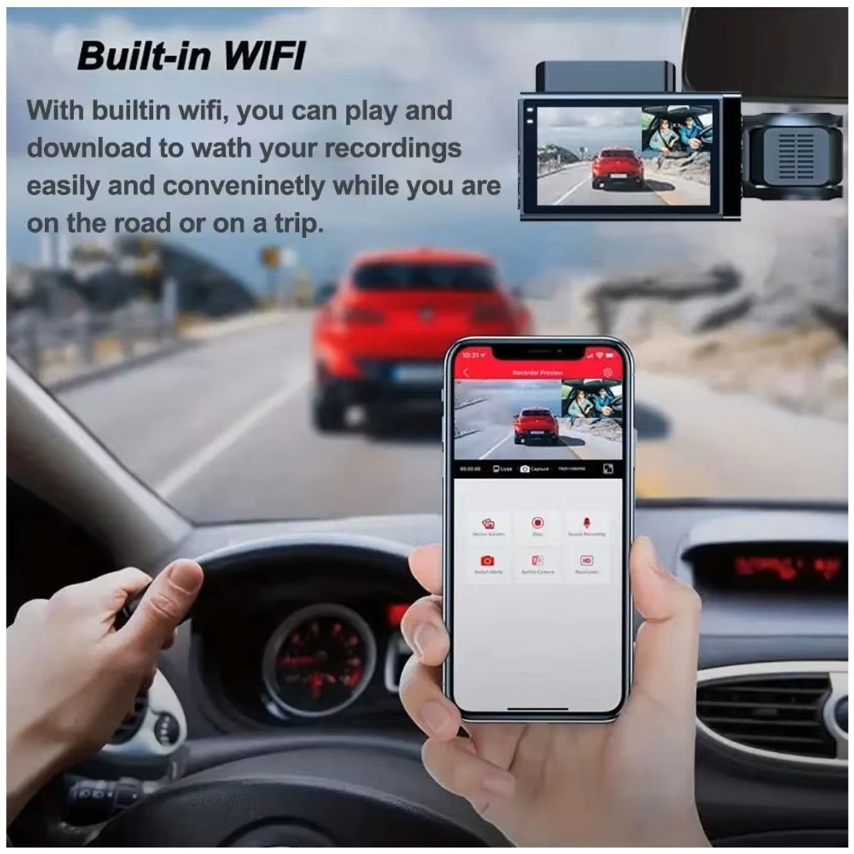 GENERICO - Dash Cam 3 Lentes Full HD 1080P WiFi Visión Nocturna, Sensor G y Grabación Frontal–Interior–Trasera