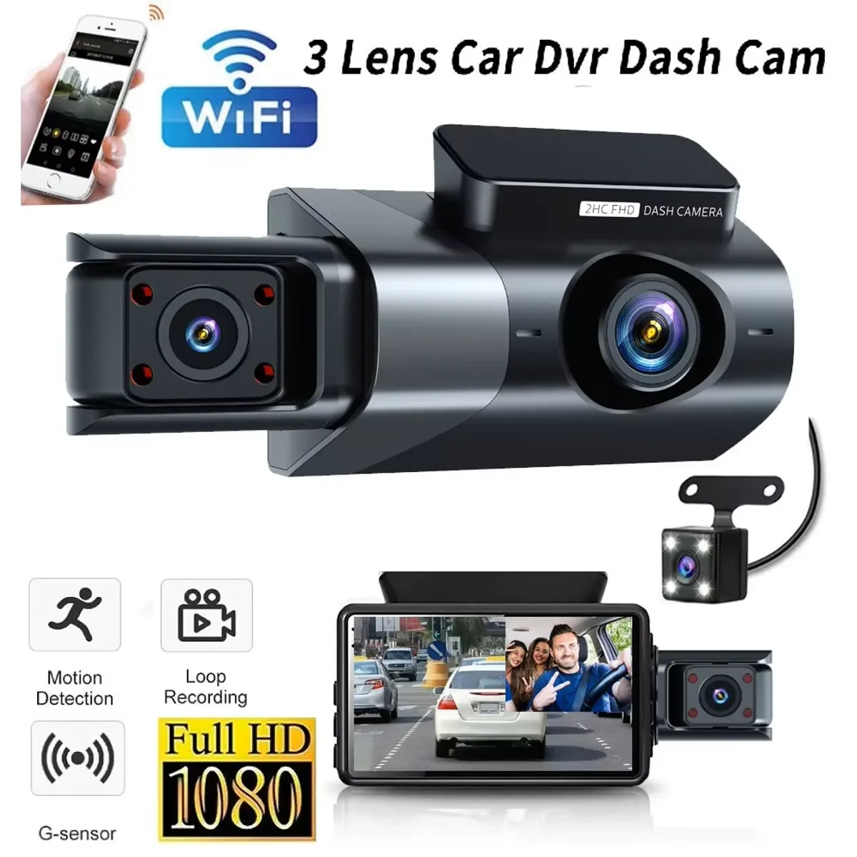 GENERICO - Dash Cam 3 Lentes Full HD 1080P con WiFi, Gran Angular 170° y Visión Nocturna – Sistema Integral