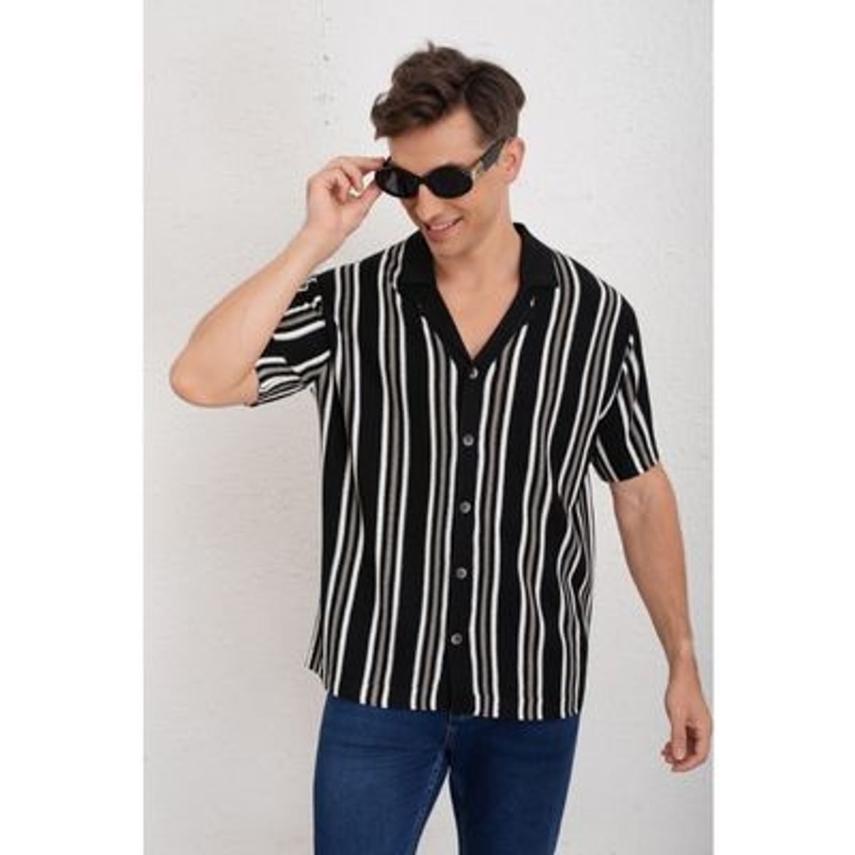 LIKE SHOP - Camisa Hombre Hilo Algodon Verano Diseño Lineas Calidad Premium 7225