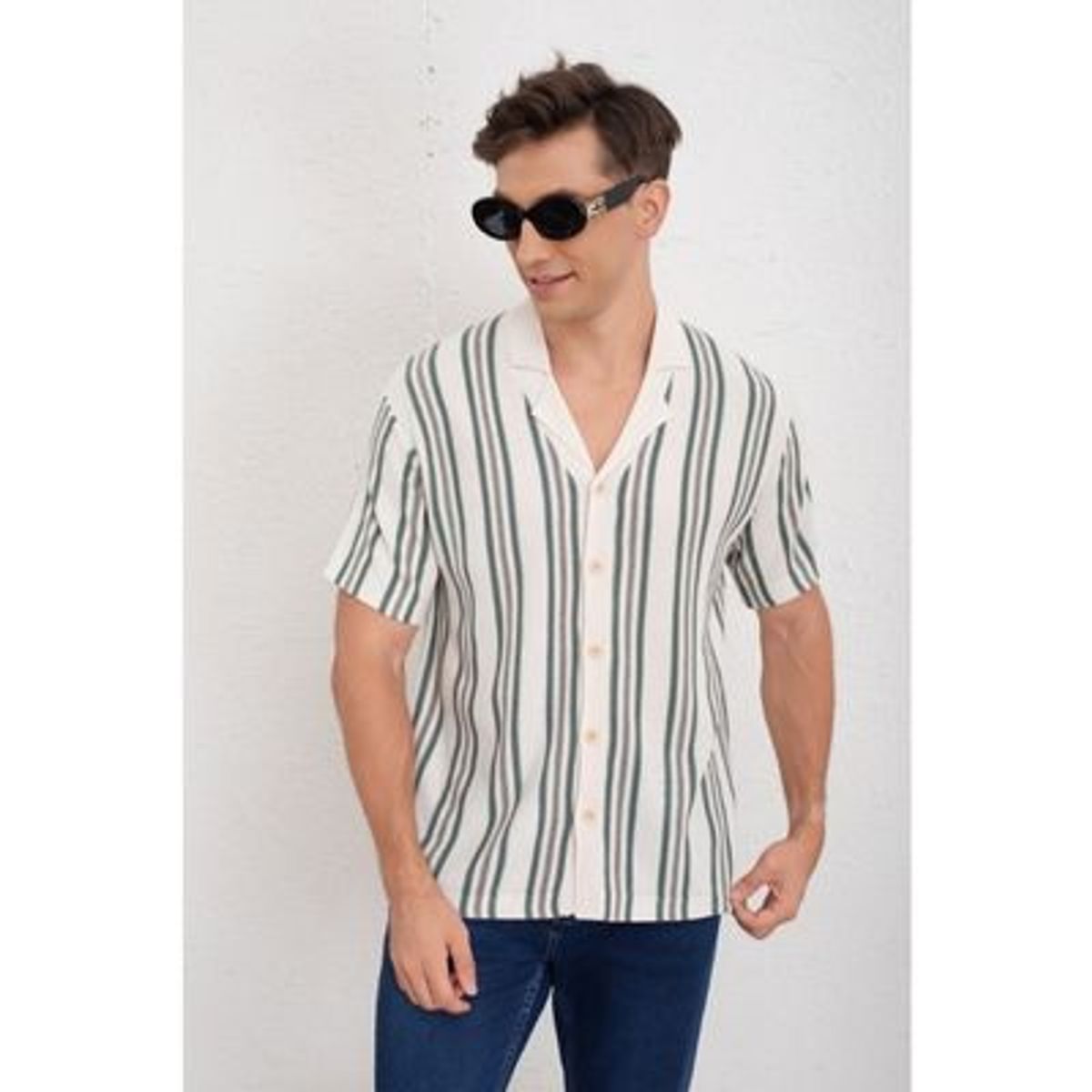 LIKE SHOP - Camisa Hombre Hilo Algodon Verano Diseño Lineas Calidad Premium 7225