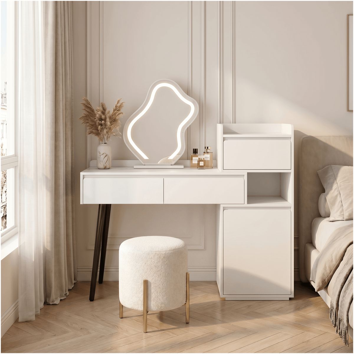 HOMER DESIGN - Tocador Extendible Espejo Con Luz 80-120cm Estilo Europeo