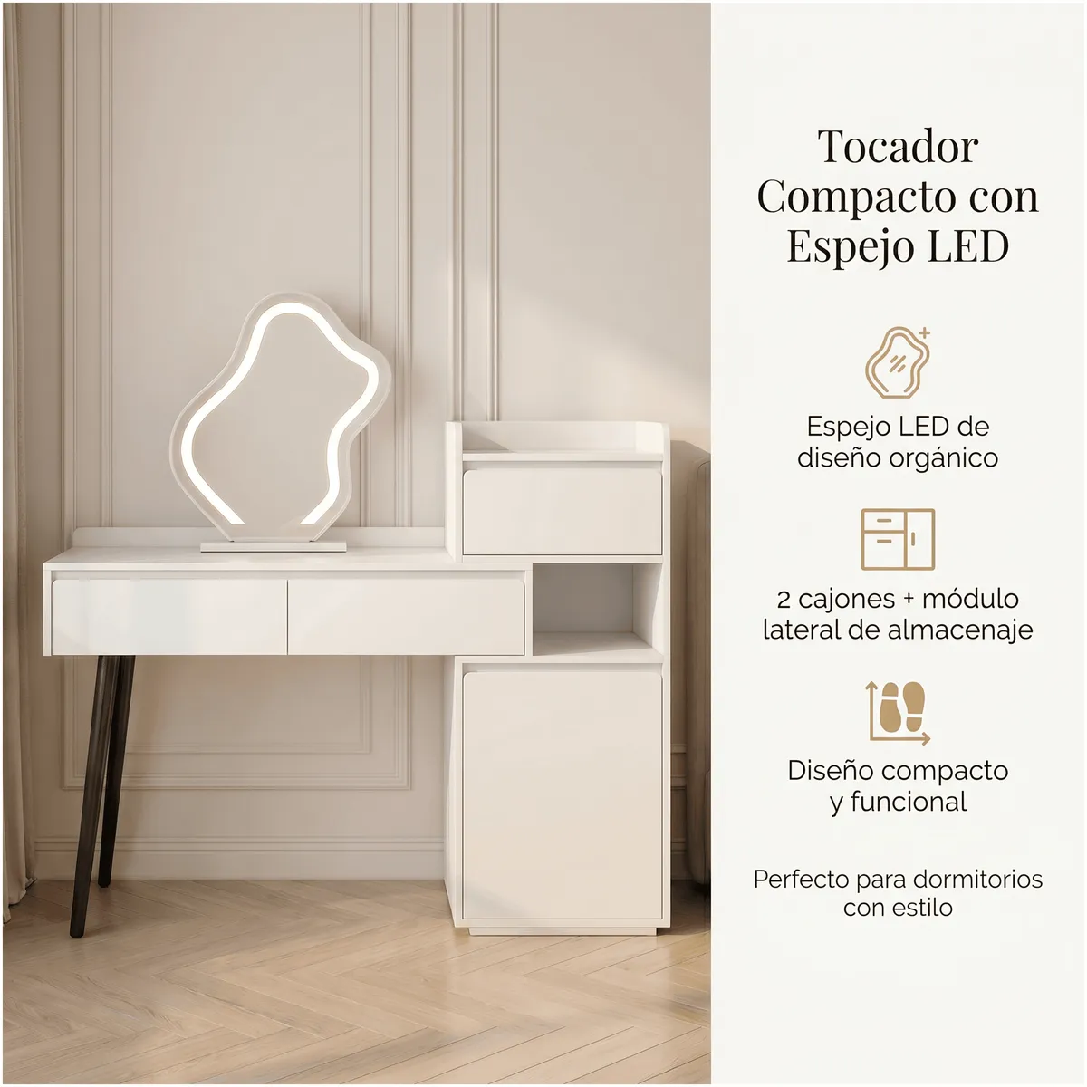 HOMER DESIGN - Tocador Extendible Espejo Con Luz 80-120cm Estilo Europeo