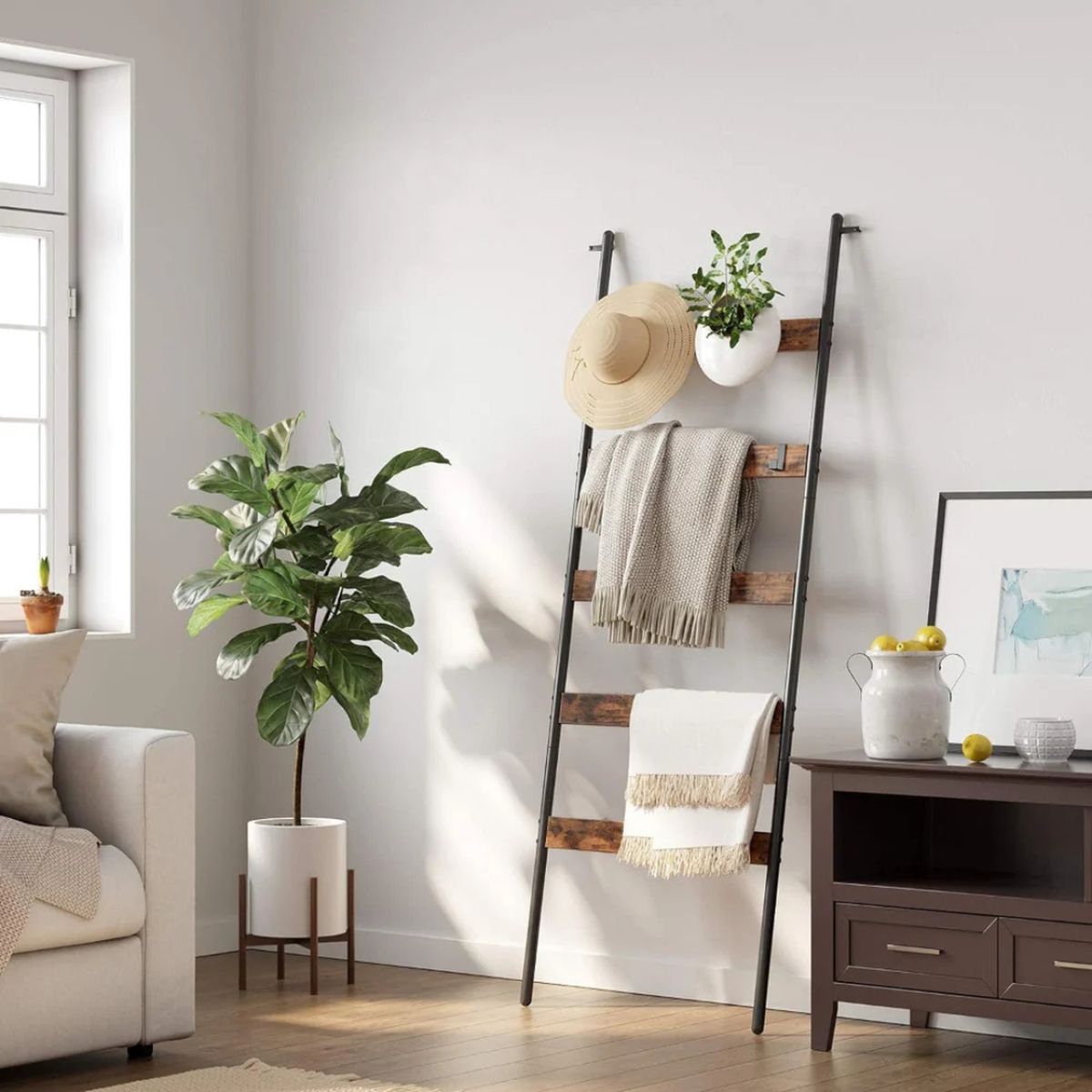 PANDALINO - Perchero Escalera Hober - 5 Niveles Madera y Metal Negro