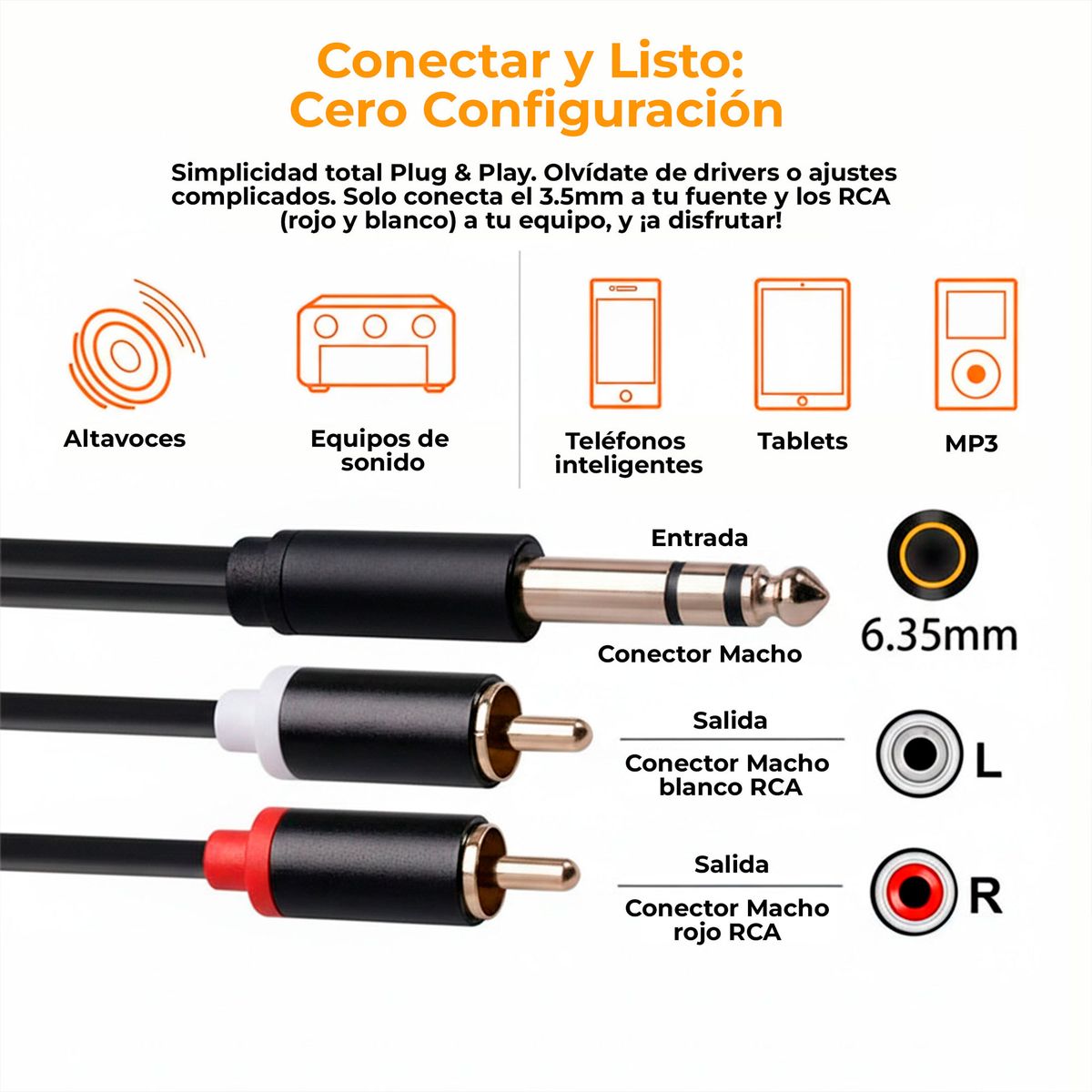 EMETRES - Cable Audio Auxiliar 3.5mm a RCA  Adaptador Conexión
